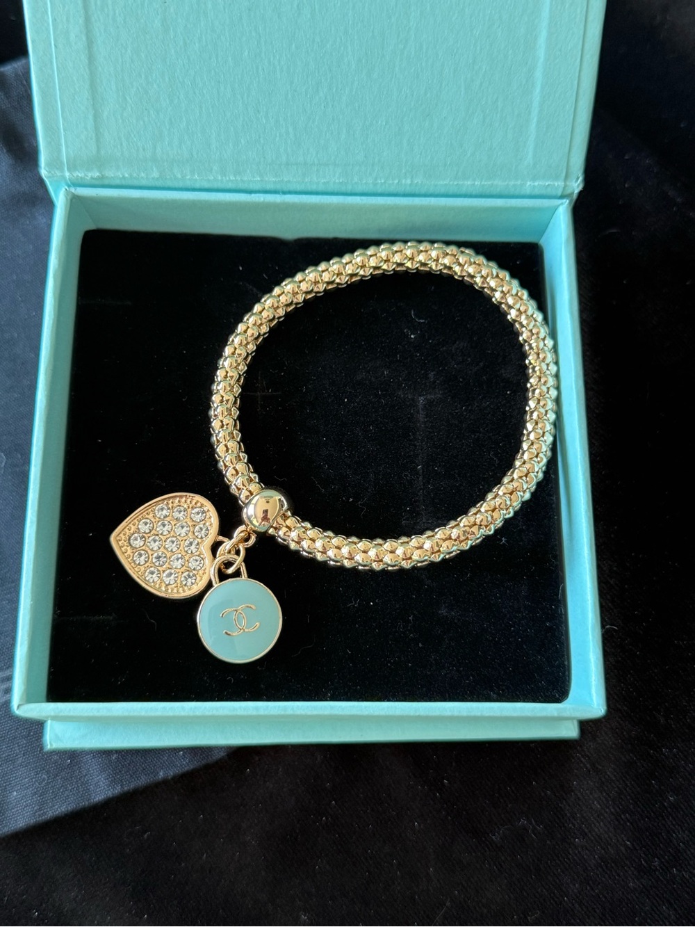 Gold-Tone Charm Bracelet with Turquoise Enamel and Crystal Heart Charms